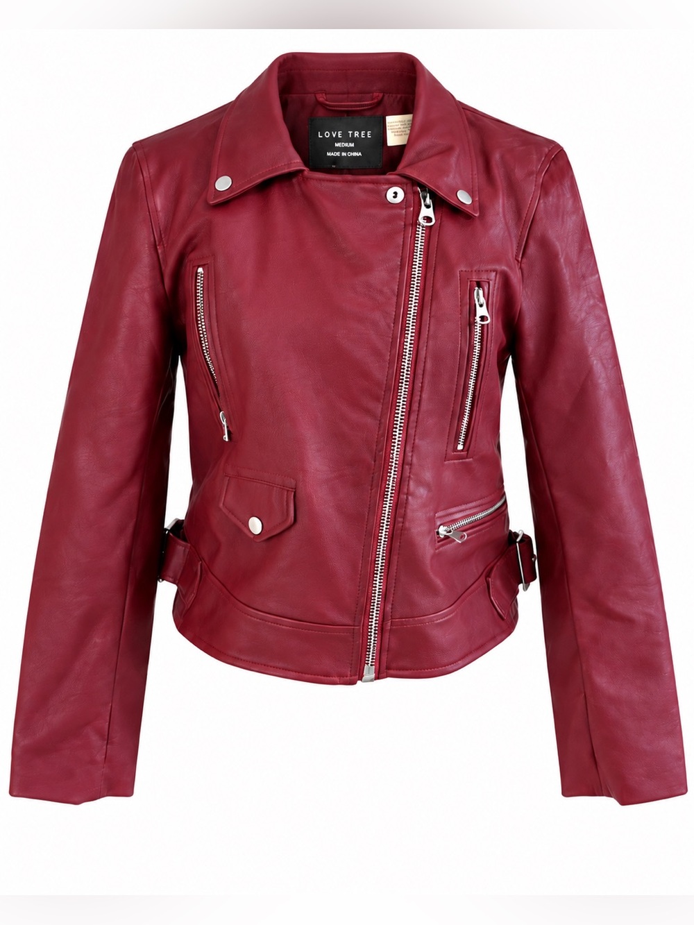 Love Tree Burgundy Faux Leather Moto Biker Jacket Medium